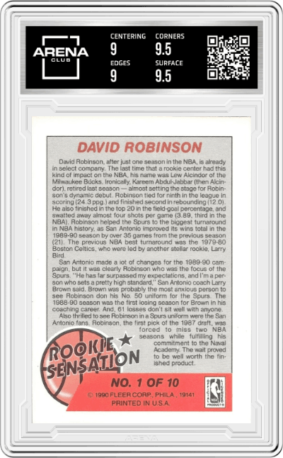 David Robinson from the 1990-91 Fleer set graded by Arena Club and given an overall grade of 9.5.