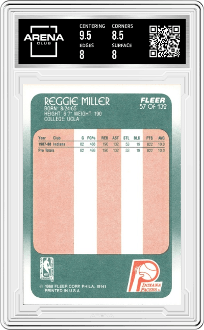 Reggie Miller from the 1988-89 Fleer set graded by Arena Club and given an overall grade of 8.5.