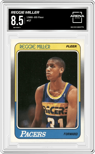 Reggie Miller from the 1988-89 Fleer set graded by Arena Club and given an overall grade of 8.5.