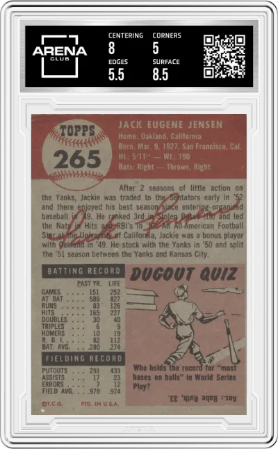 Jackie Jensen from the 1953 Topps set graded by Arena Club and given an overall grade of 5.5.