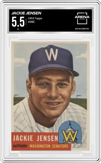 Jackie Jensen from the 1953 Topps set graded by Arena Club and given an overall grade of 5.5.