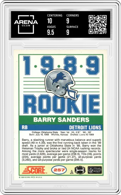 Barry Sanders from the 1989 Score set graded by Arena Club and given an overall grade of 9.5.