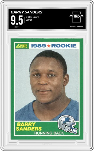 Barry Sanders from the 1989 Score set graded by Arena Club and given an overall grade of 9.5.