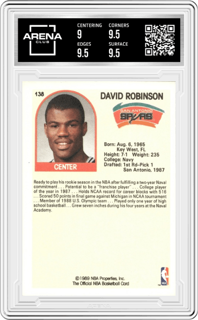 David Robinson from the 1989-90 NBA Hoops  set graded by Arena Club and given an overall grade of 9.5.