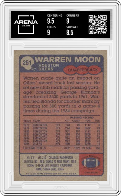 Warren Moon from the 1985 Topps set graded by Arena Club and given an overall grade of 9.