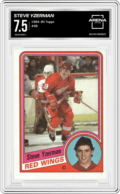 Steve Yzerman from the 1984-85 Topps set graded by Arena Club and given an overall grade of 7.5.