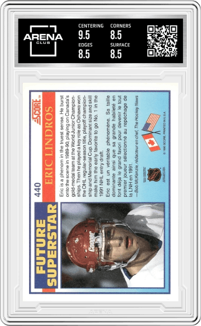 Eric Lindros from the 1990-91 Score Canadian set graded by Arena Club and given an overall grade of 9.
