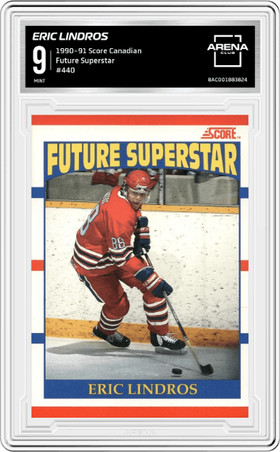 Eric Lindros from the 1990-91 Score Canadian set graded by Arena Club and given an overall grade of 9.