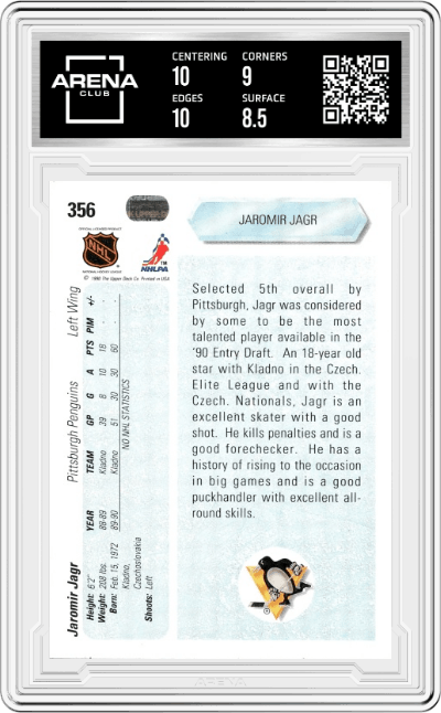 Jaromir Jagr from the 1990-91 Upper Deck set graded by Arena Club and given an overall grade of 9.