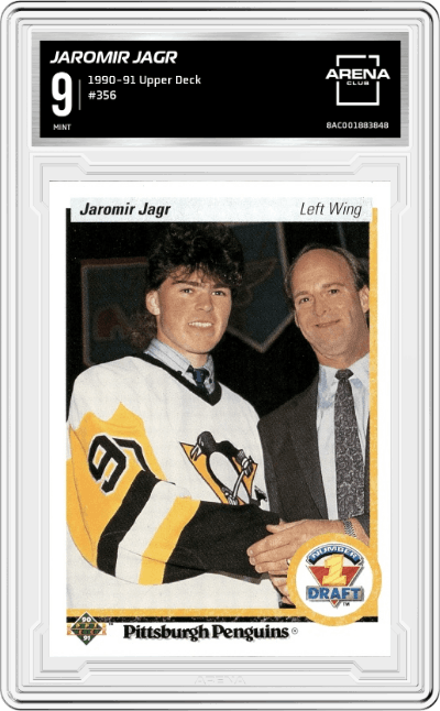 Jaromir Jagr from the 1990-91 Upper Deck set graded by Arena Club and given an overall grade of 9.