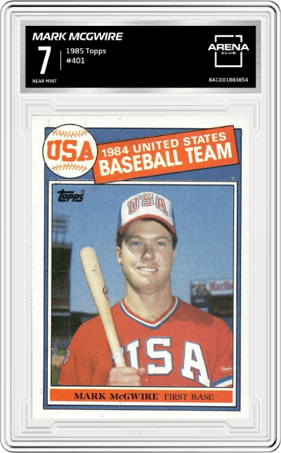 Mark McGwire from the 1985 Topps set graded by Arena Club and given an overall grade of 7.