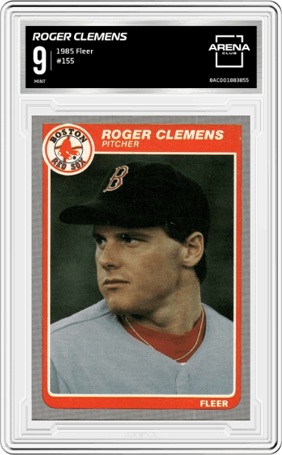 Roger Clemens from the 1985 Fleer set graded by Arena Club and given an overall grade of 9.