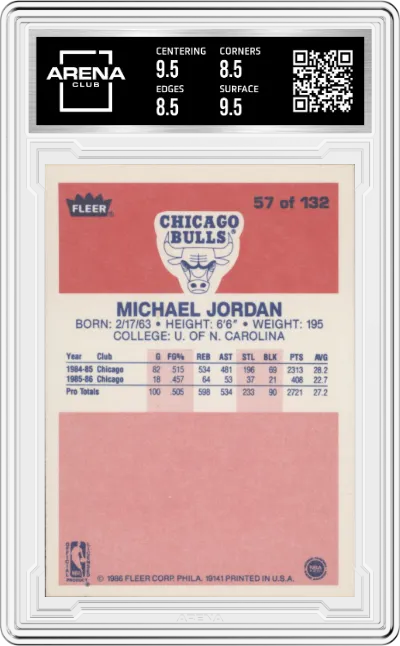 Michael Jordan from the 1986-87 Fleer set graded by Arena Club and given an overall grade of 9.