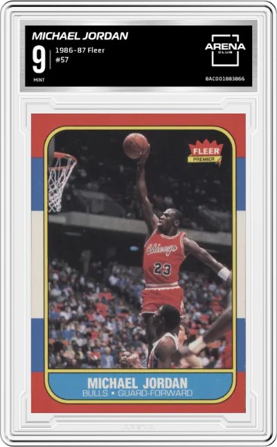 Michael Jordan from the 1986-87 Fleer set graded by Arena Club and given an overall grade of 9.