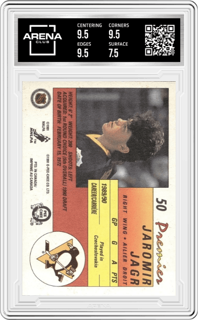 Jaromir Jagr from the 1990-91 O-Pee-Chee Premier set graded by Arena Club and given an overall grade of 8.