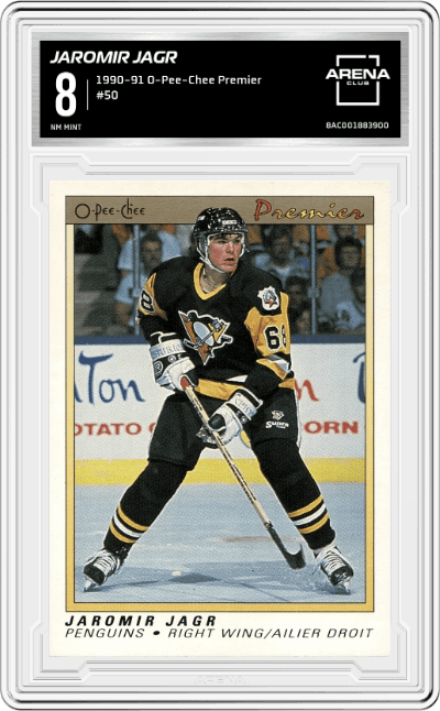 Jaromir Jagr from the 1990-91 O-Pee-Chee Premier set graded by Arena Club and given an overall grade of 8.