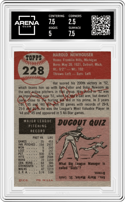 Hal Newhouser from the 1953 Topps set graded by Arena Club and given an overall grade of 3.