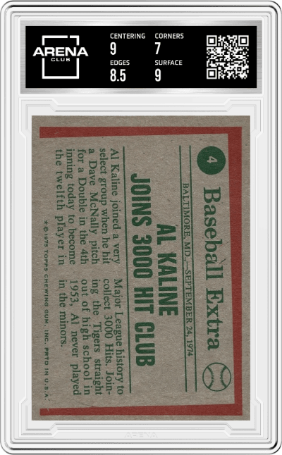 Al Kaline HL from the 1975 Topps set graded by Arena Club and given an overall grade of 7.5.