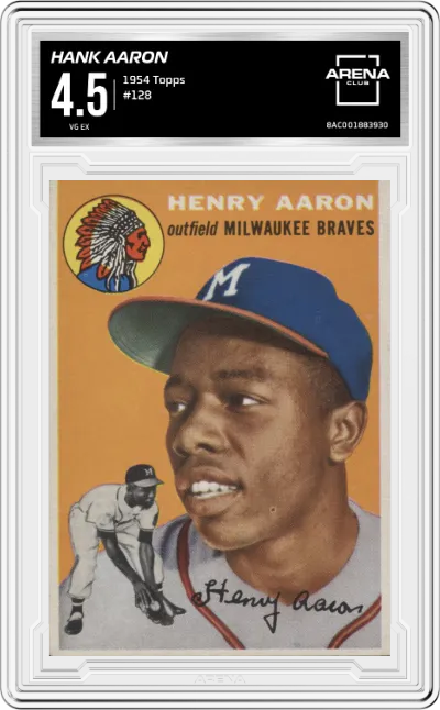 Hank Aaron from the 1954 Topps Baseball set graded by Arena Club and given an overall grade of 4.5.