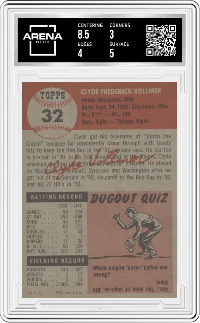 Clyde Vollmer from the 1953 Topps set graded by Arena Club and given an overall grade of 3.5.
