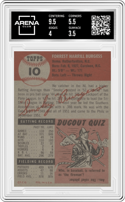 Smoky Burgess from the 1953 Topps set graded by Arena Club and given an overall grade of 4.