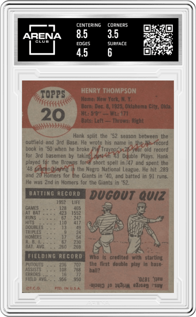 Hank Thompson from the 1953 Topps set graded by Arena Club and given an overall grade of 4.