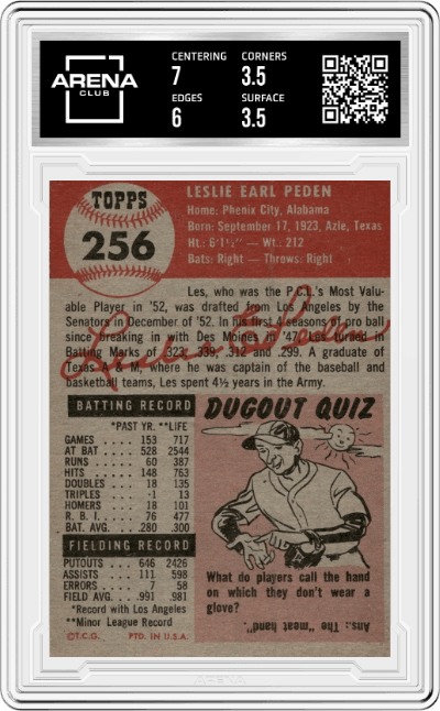 Les Peden from the 1953 Topps set graded by Arena Club and given an overall grade of 4.