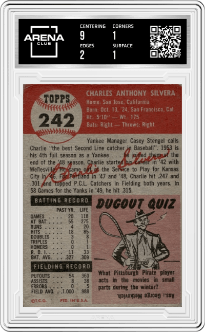 Charlie Silvera from the 1953 Topps set graded by Arena Club.