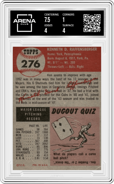 Ken Raffensberger from the 1953 Topps set graded by Arena Club and given an overall grade of 1.5.