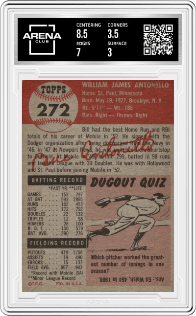 Bill Antonello from the 1953 Topps set graded by Arena Club and given an overall grade of 3.5.