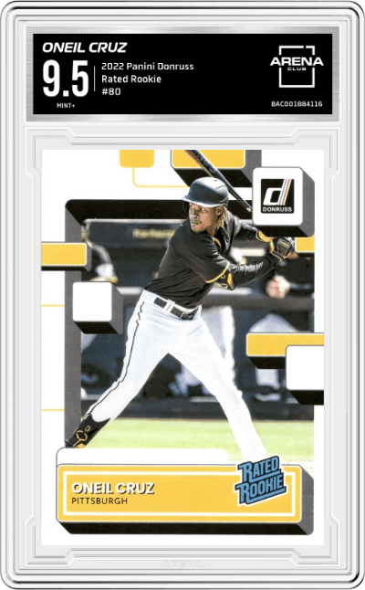 Oneil Cruz from the 2022 Panini Donruss set graded by Arena Club and given an overall grade of 9.5.