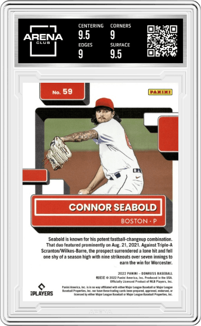 Connor Seabold from the 2022 Panini Donruss set featuring a Yellow parallel graded by Arena Club and given an overall grade of 9.5.