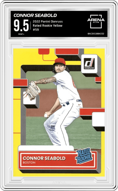 Connor Seabold from the 2022 Panini Donruss set featuring a Yellow parallel graded by Arena Club and given an overall grade of 9.5.