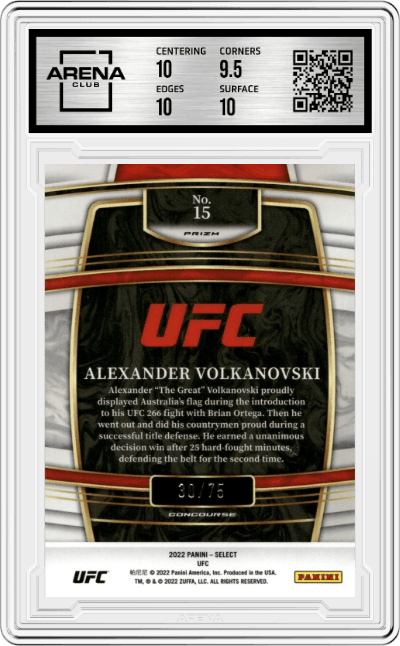 Alexander Volkanovski from the 2022 Panini Select UFC  set featuring a White Prizm parallel graded by Arena Club and given an overall grade of 10.