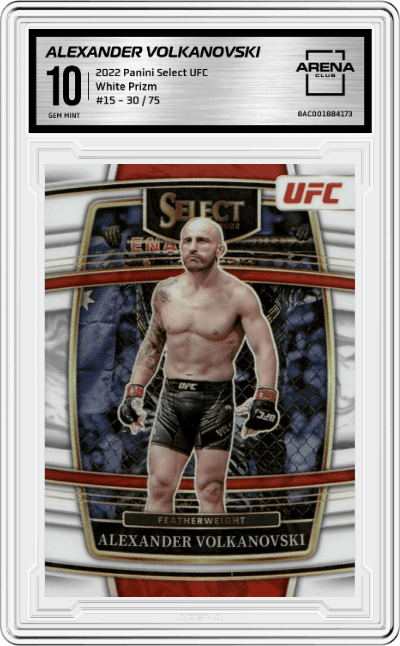 Alexander Volkanovski from the 2022 Panini Select UFC  set featuring a White Prizm parallel graded by Arena Club and given an overall grade of 10.