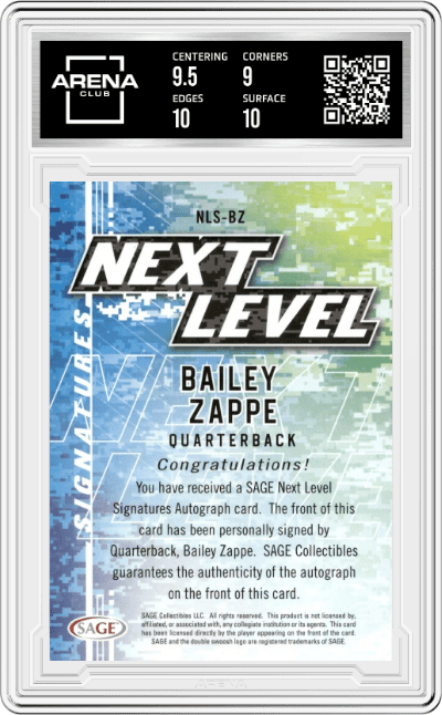 Bailey Zappe from the 2022 Sage Low Series set featuring a Red parallel graded by Arena Club and given an overall grade of 9.5.