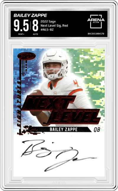 Bailey Zappe from the 2022 Sage Low Series set featuring a Red parallel graded by Arena Club and given an overall grade of 9.5.