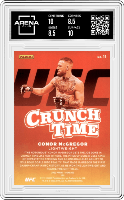 Conor McGregor from the 2022 Donruss UFC MMA set featuring a Press Proof Pink parallel graded by Arena Club and given an overall grade of 9.