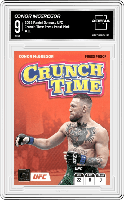 Conor McGregor from the 2022 Donruss UFC MMA set featuring a Press Proof Pink parallel graded by Arena Club and given an overall grade of 9.