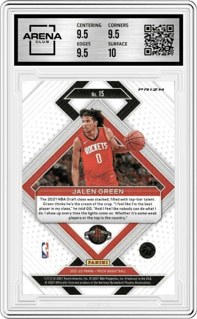 Jalen Green from the 2021-22 Panini Prizm  set featuring a Green Wave Prizm parallel graded by Arena Club and given an overall grade of 10.