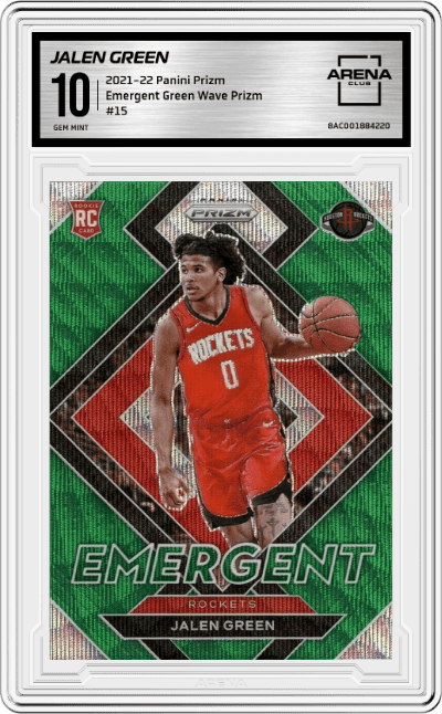 Jalen Green from the 2021-22 Panini Prizm  set featuring a Green Wave Prizm parallel graded by Arena Club and given an overall grade of 10.