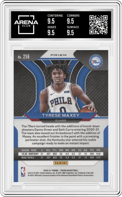Tyrese Maxey from the 2020-21 Panini Prizm set featuring a Red White Blue Prizm parallel graded by Arena Club and given an overall grade of 9.5.