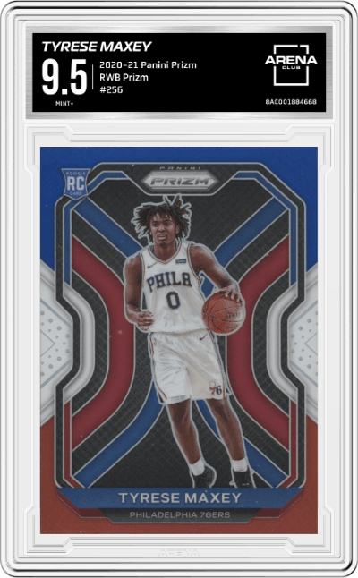 Tyrese Maxey from the 2020-21 Panini Prizm set featuring a Red White Blue Prizm parallel graded by Arena Club and given an overall grade of 9.5.