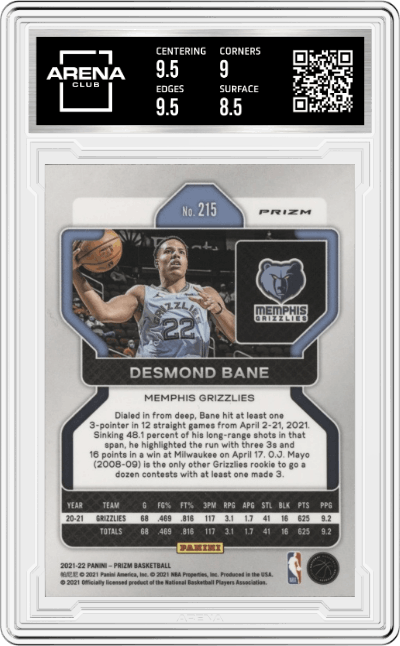 Desmond Bane from the 2021-22 Panini Prizm  set featuring a NBA 75th Prizm parallel graded by Arena Club and given an overall grade of 9.
