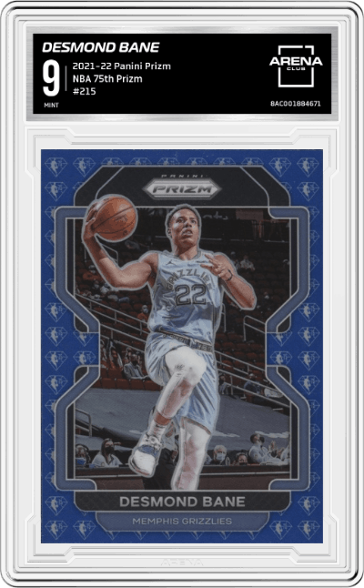 Desmond Bane from the 2021-22 Panini Prizm  set featuring a NBA 75th Prizm parallel graded by Arena Club and given an overall grade of 9.