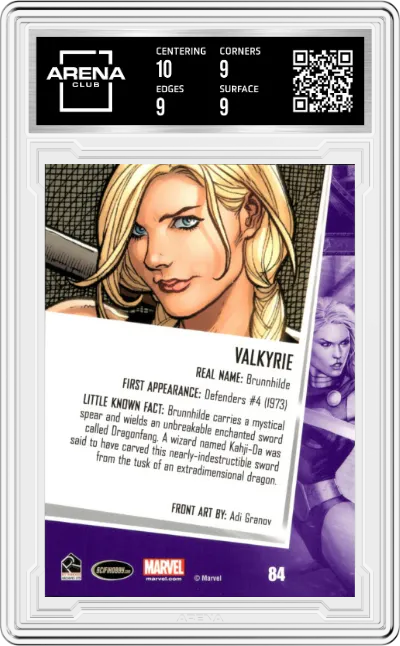 Valkyrie from the 2013 Rittenhouse Women of Marvel Series 2 set graded by Arena Club and given an overall grade of 9.5.