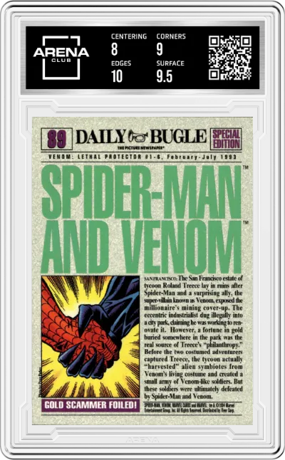 Spider-Man & Venom from the 1994 Fleer  set graded by Arena Club and given an overall grade of 8.5.