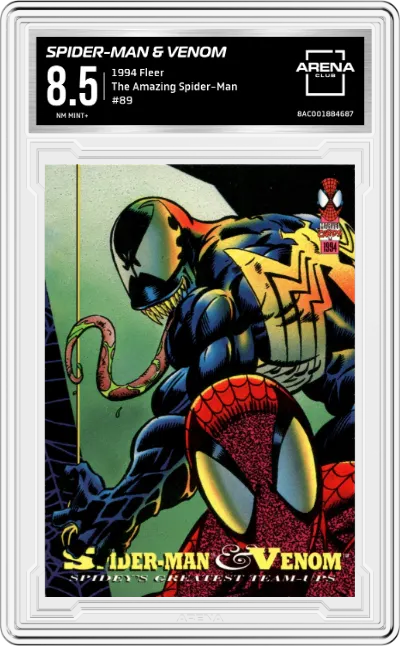 Spider-Man & Venom from the 1994 Fleer  set graded by Arena Club and given an overall grade of 8.5.