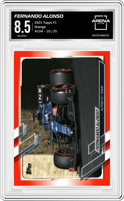 Fernando Alonso from the 2021 Topps F1 set featuring a Orange parallel graded by Arena Club and given an overall grade of 8.5.