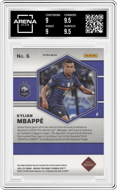 Kylian Mbappe from the 2021-22 Panini Mosaic Road to FIFA World Cup set featuring a Reactive Purple parallel graded by Arena Club and given an overall grade of 9.5.